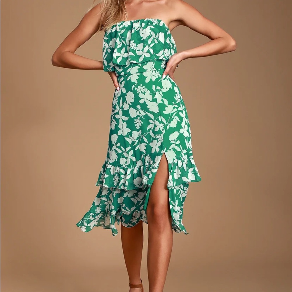 Green Floral Print Strapless Midi Dress